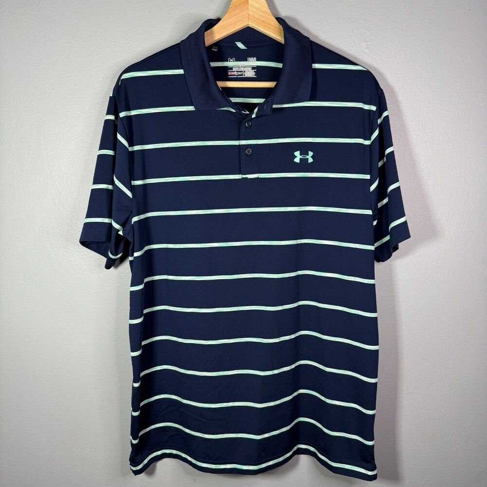 Under Armour HeatGear Loose Fit Golf Polo Navy Mint Stripe Men's Size L